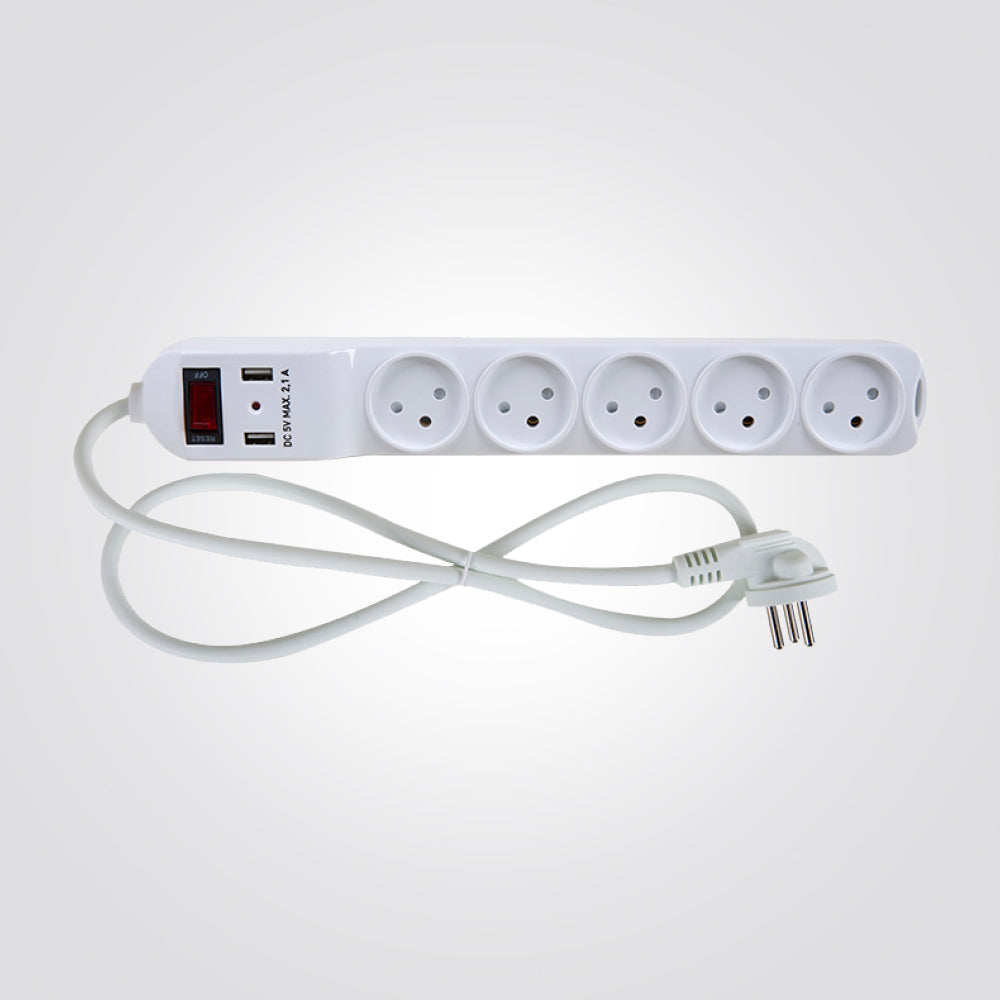 רב שקע 5 שקעים + חיבור USB כפול כולל כבל באורך 1 מטר SACO