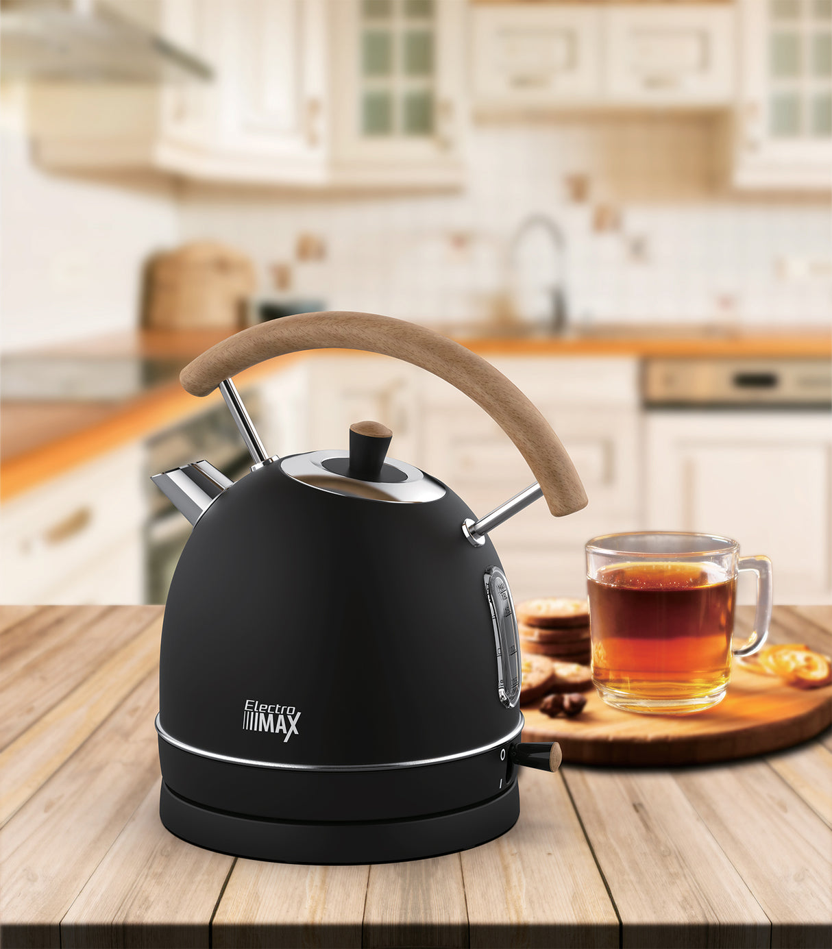 קומקום חשמלי נירוסטה רטרו 1.8 ליטר שחור+ עץ