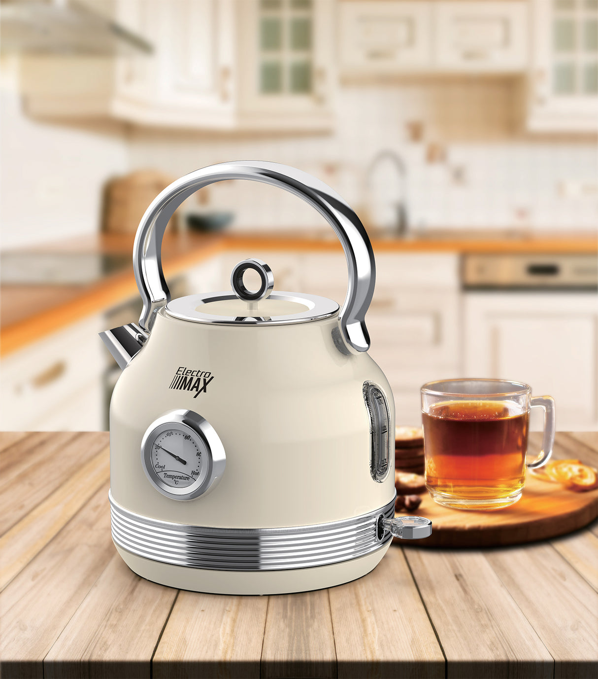 קומקום חשמלי נירוסטה רטרו 1.7 ליטר בז' + מד טמפרטורה