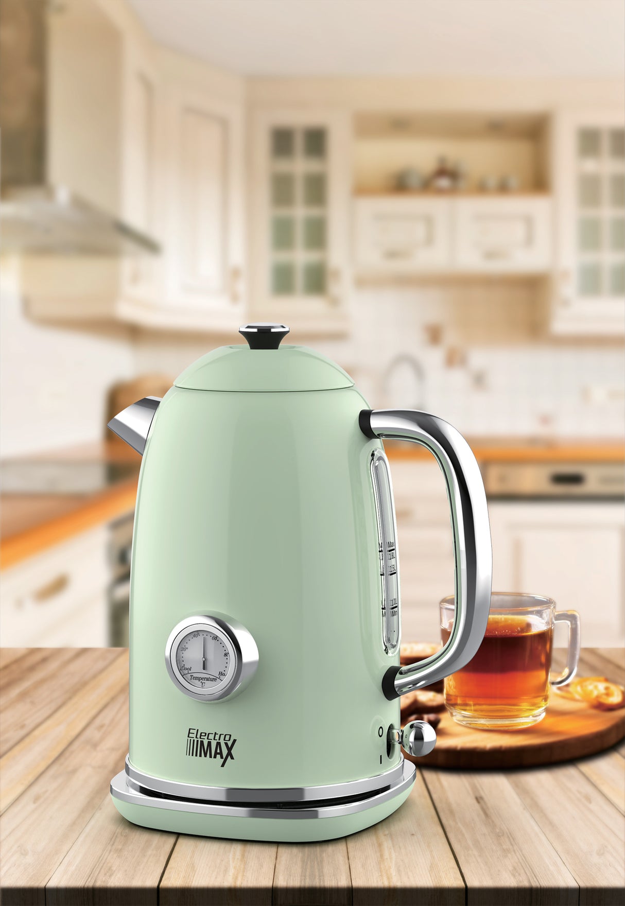 קומקום חשמלי נירוסטה רטרו 1.7 ליטר ירוק + מד טמפרטורה