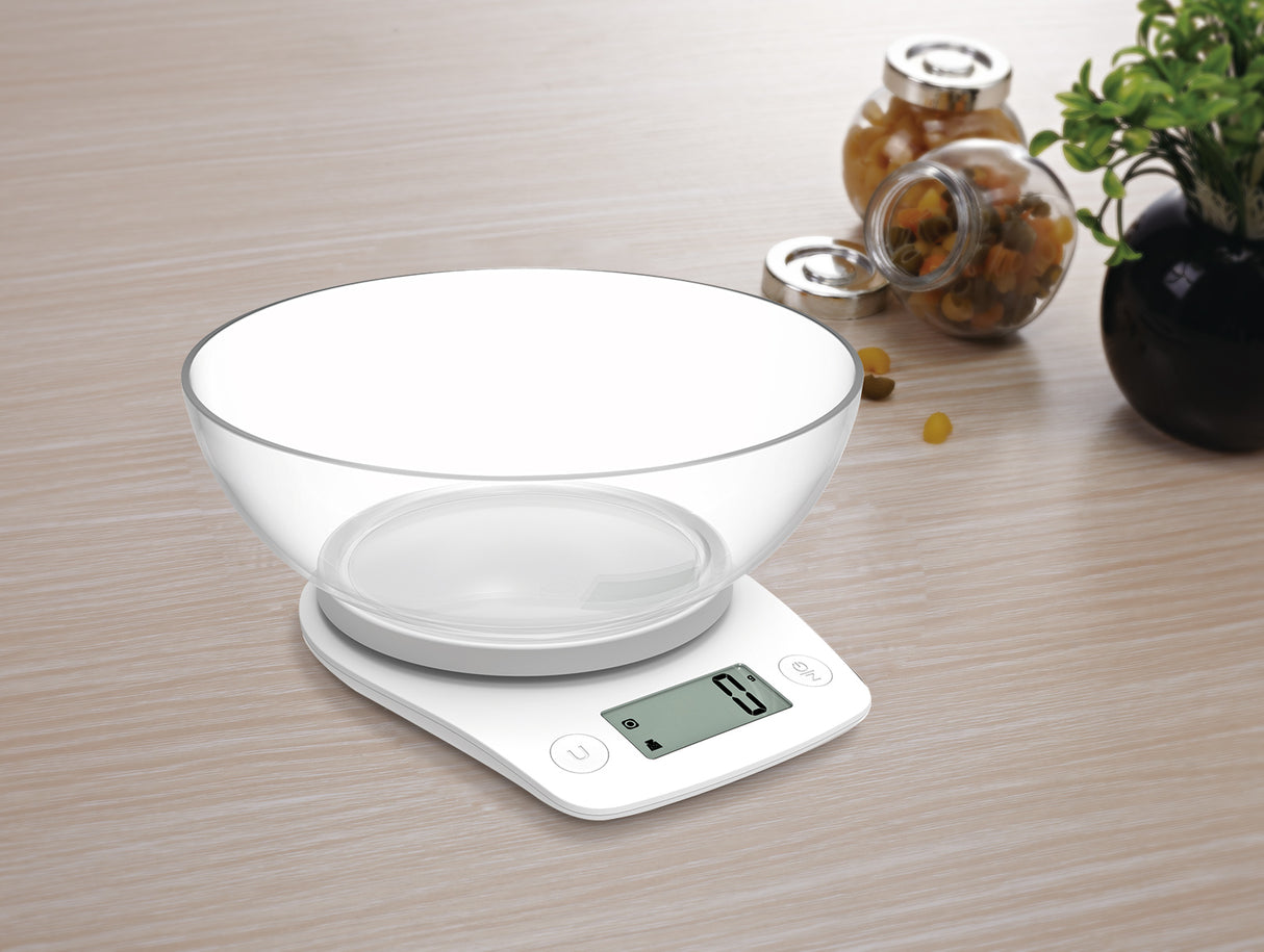 משקל קערה אלקטרוני למטבח עד 5 ק"ג דיוק 1 גרם לבן