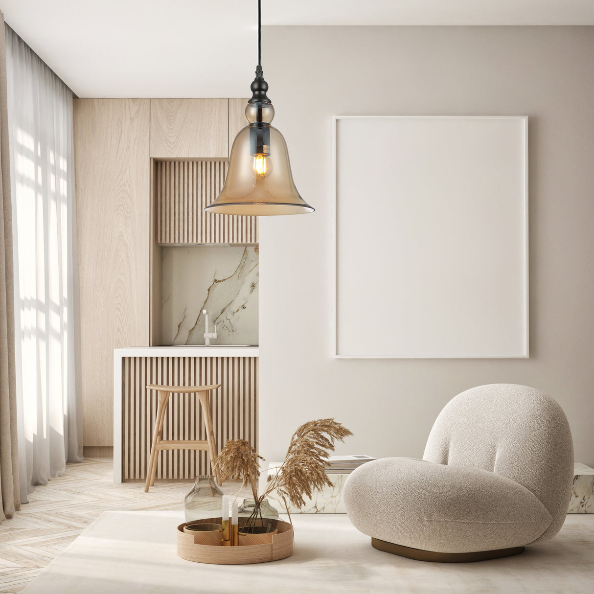 מנורת תלייה פעמון | מעושן| אמבר| נחושת