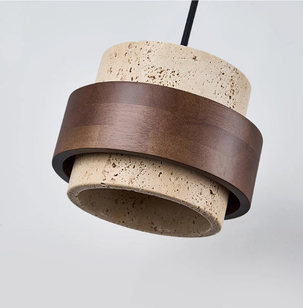 מנורת תלייה אבן טבעית טראוורטין + עץ כהה דגם | A