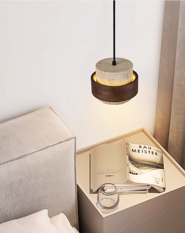 מנורת תלייה אבן טבעית טראוורטין + עץ כהה דגם | A