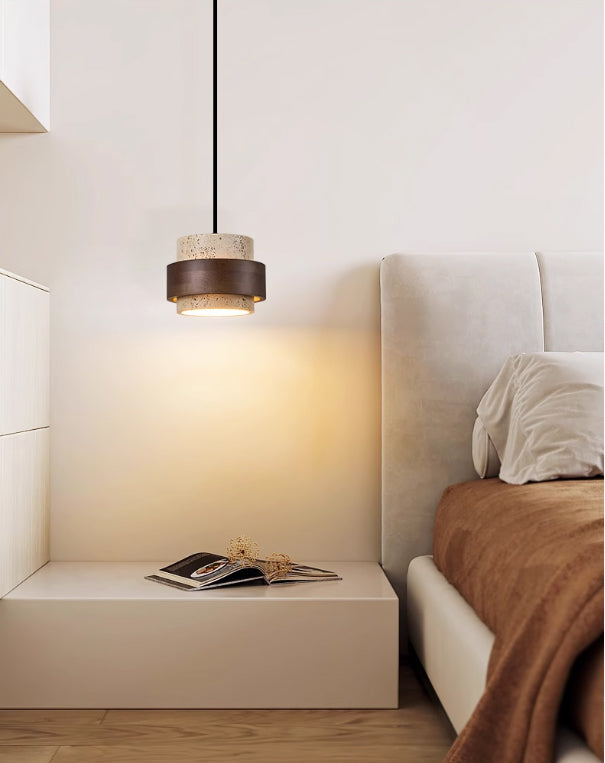 מנורת תלייה אבן טבעית טראוורטין + עץ כהה דגם | A