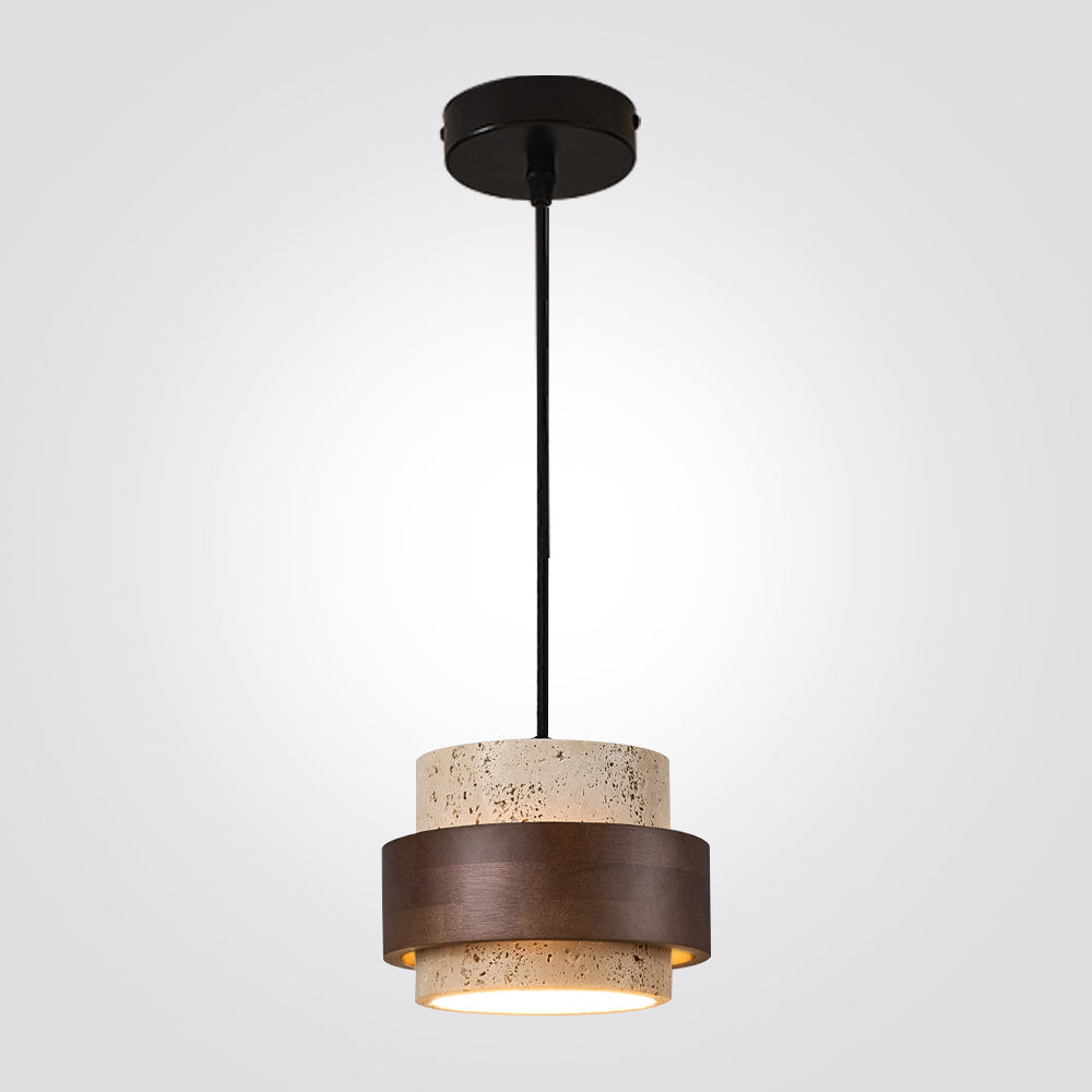 מנורת תלייה אבן טבעית טראוורטין + עץ כהה דגם | A
