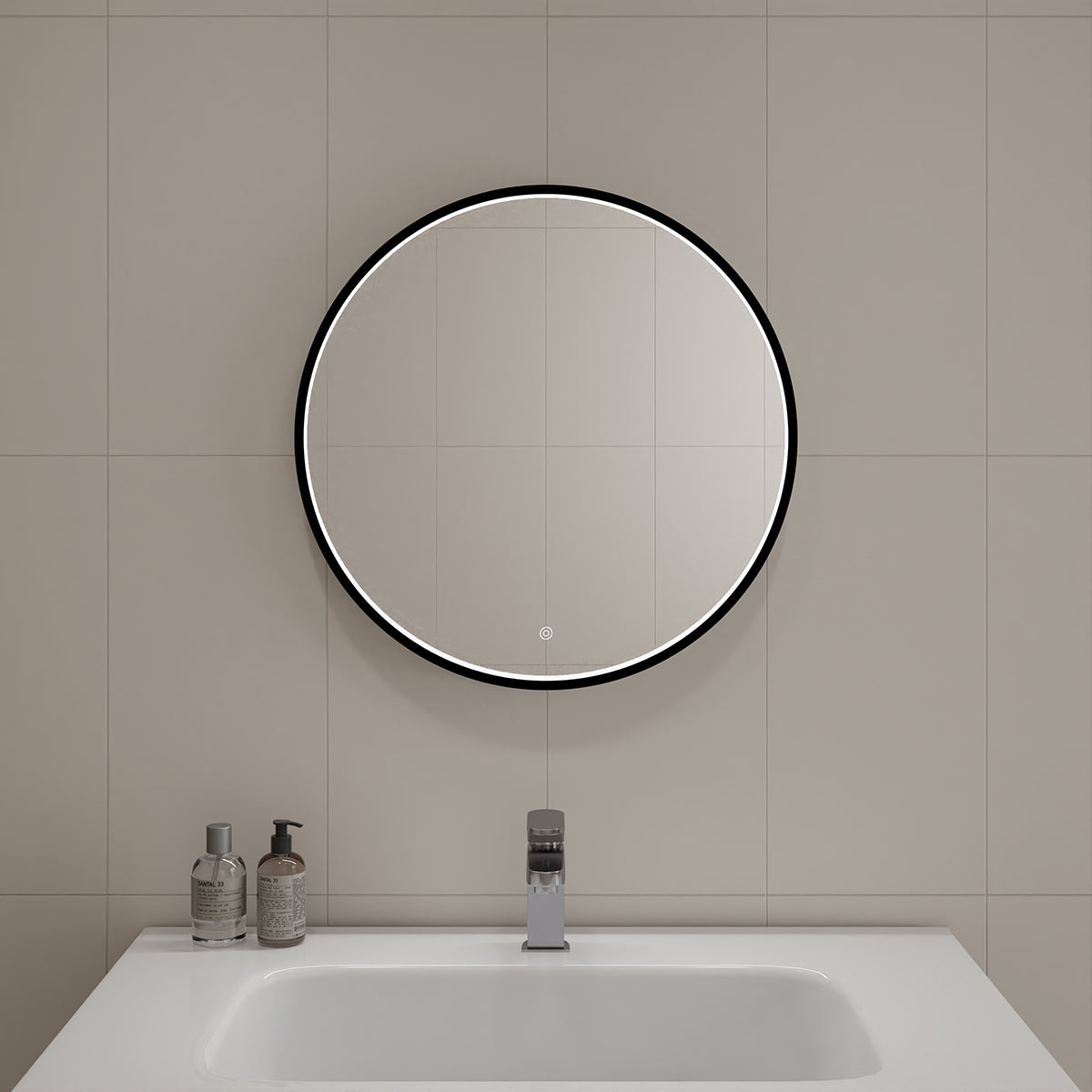 מראת LED עגולה 80 ס״מ עם מסגרת אלומיניום שחורה + מפשיר אדים (Anti-fog)