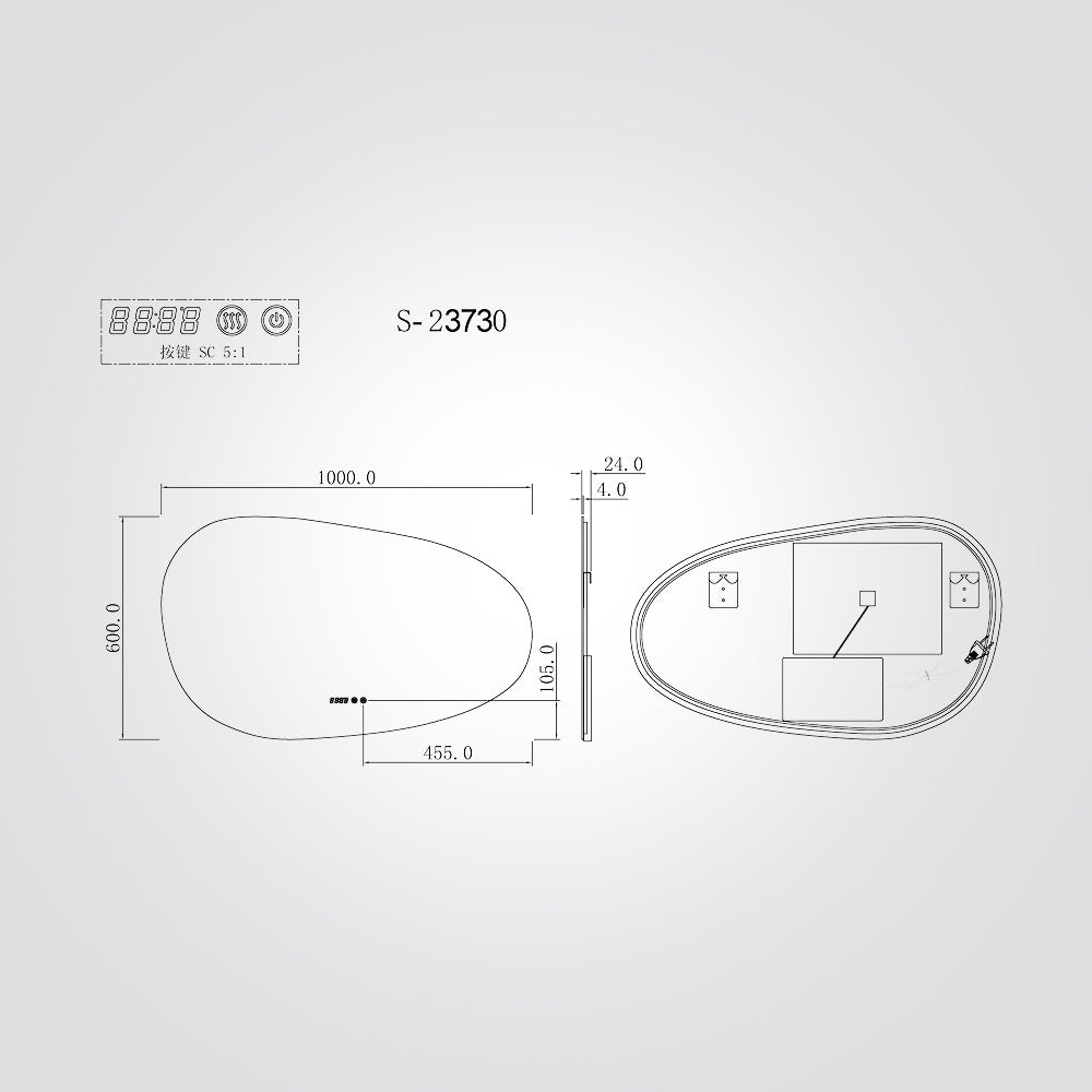 מראת LED אמורפית 100×60 ס״מ עם תצוגת שעה וטמפרטורה