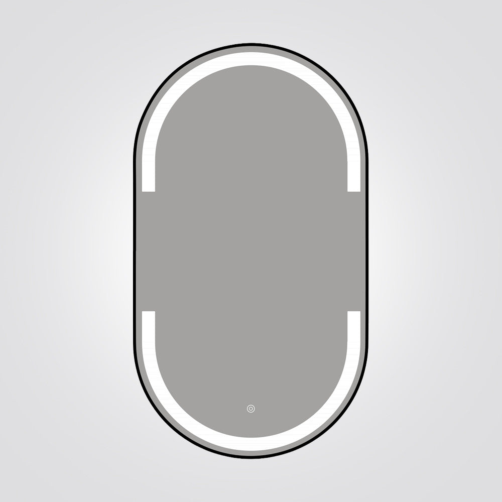 מראת LED אובלית 70×40 ס״מ עם מסגרת אלומיניום ומפשיר אדים – שחור / זהב