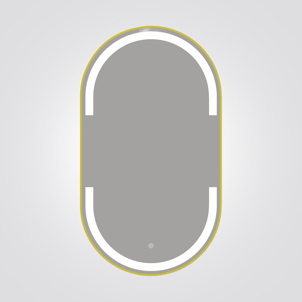 מראת LED אובלית 70×40 ס״מ עם מסגרת אלומיניום ומפשיר אדים – שחור / זהב