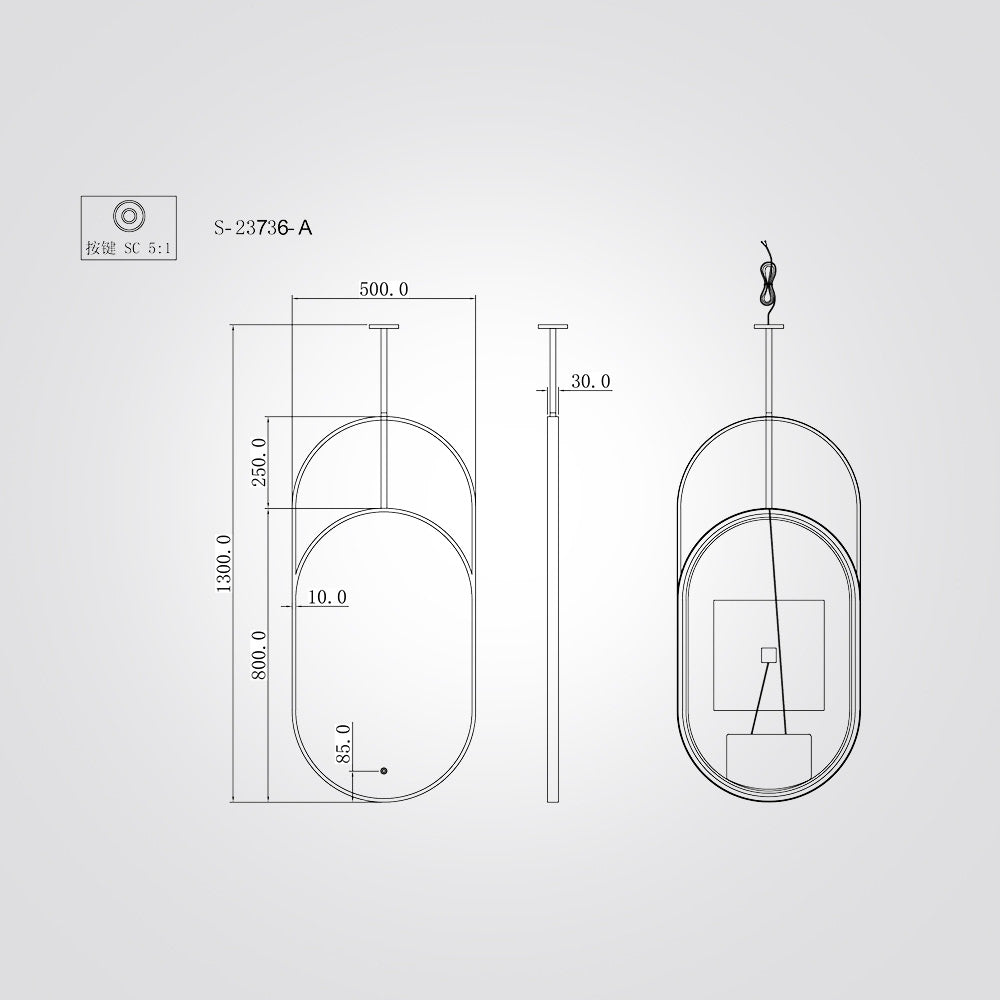 מראת LED אובלית 130×50 ס״מ עם מסגרת מתכת רוז־גולד ומוט תלייה+ מפשיר אדים