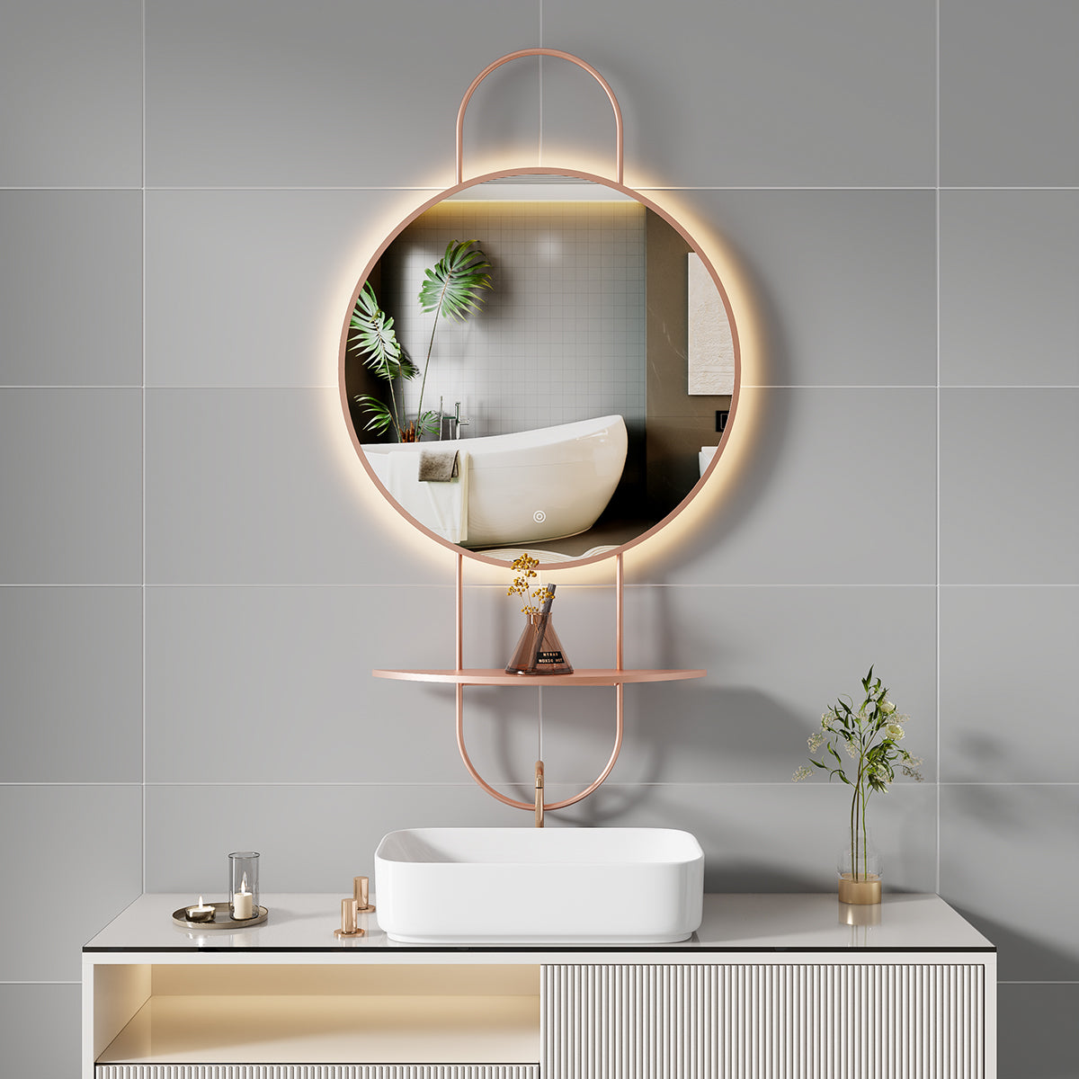 מראת קיר עגולה עם מדף ותאורת LED | קוטר 60 ס"מ | עמעום + מפשיר אדים