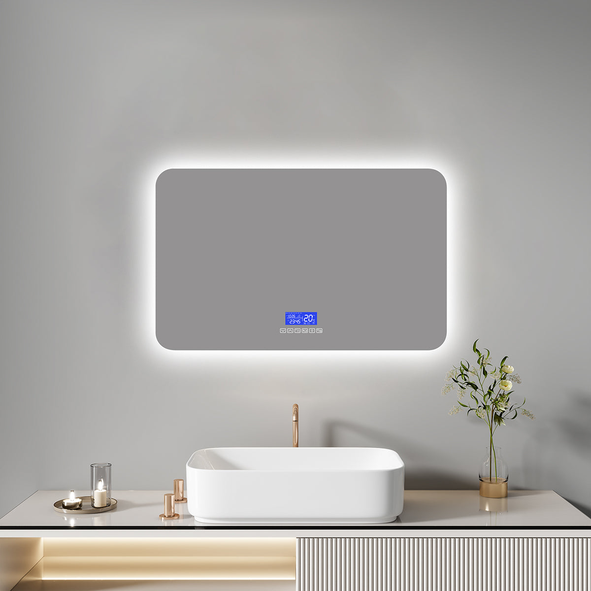 מראת LED מלבנית חכמה | W800×H500 מ"מ | עמעום + מפשיר אדים + Bluetooth + שעון וטמפרטורה