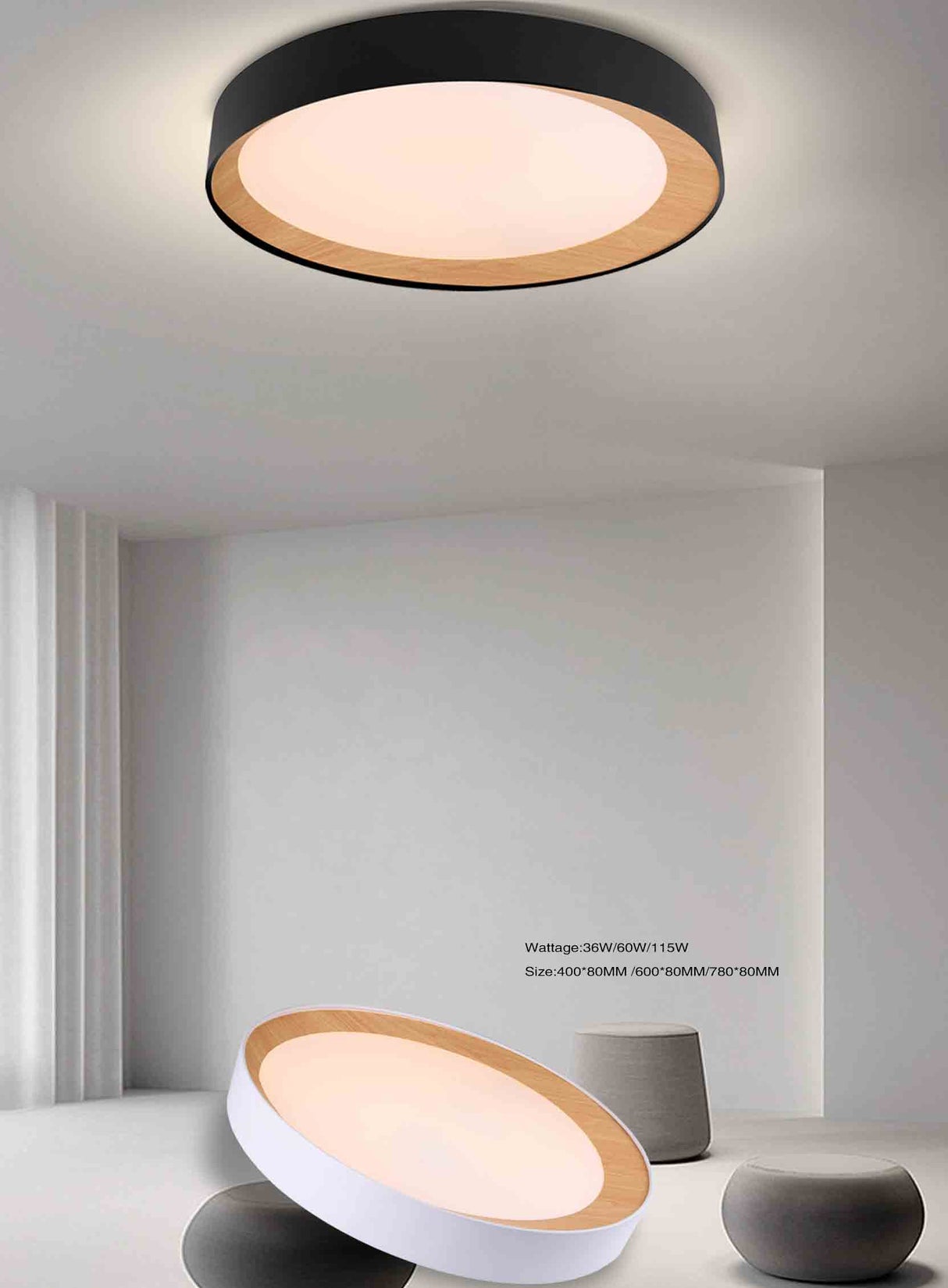 צמוד תקרה לודגי| שחור +עץ| Φ40| Φ60| Φ80| CCT