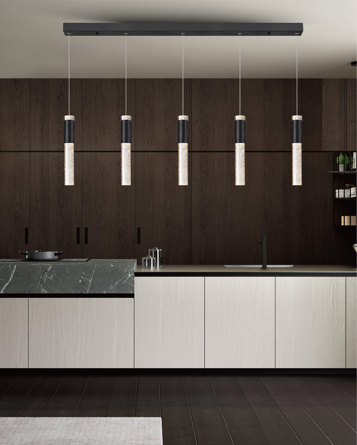 מנורת תלייה חמשייה תבור שחור קריסטל מודרני