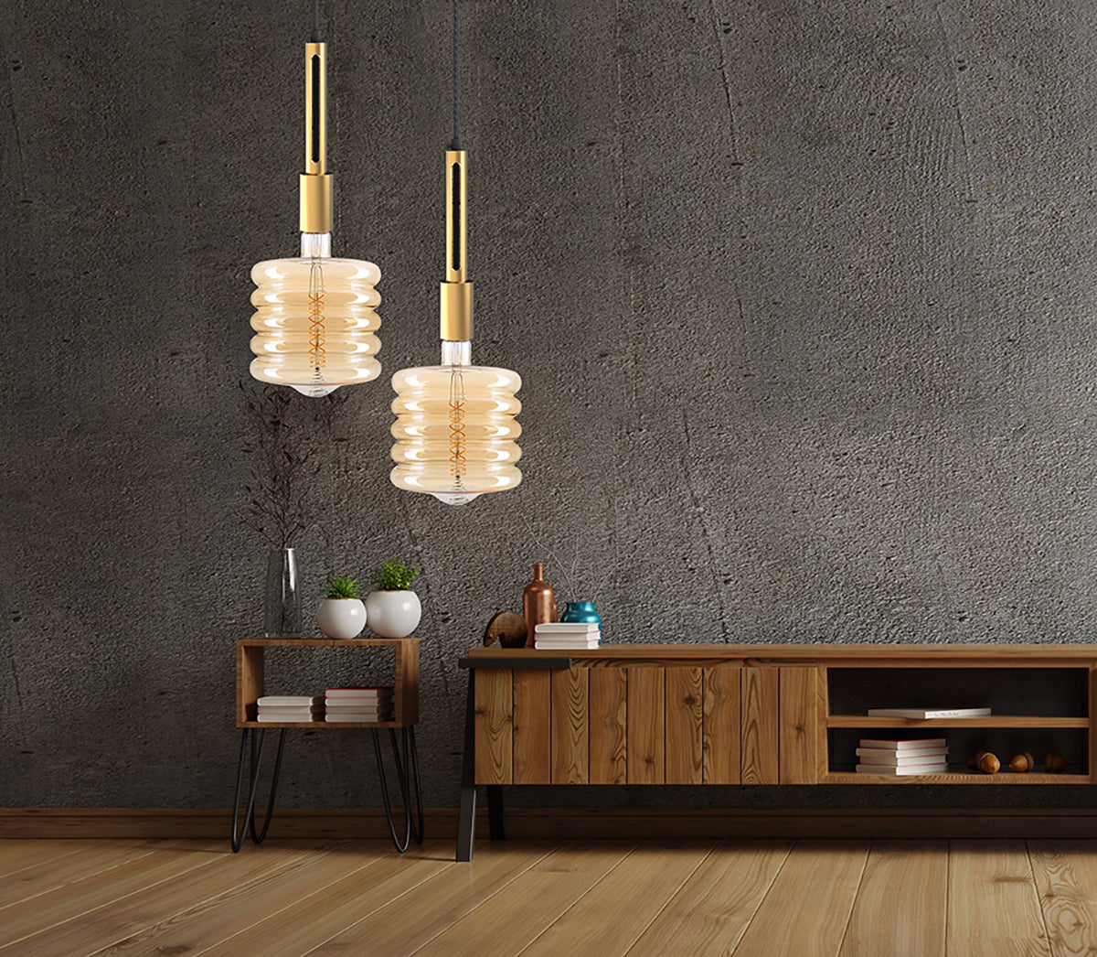 מנורת תליה צילינדר מונדר E27| זהב| פליז| עץ