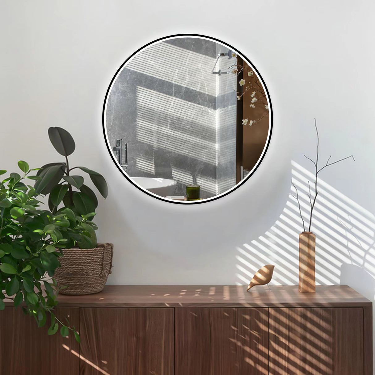 מראה מוארת עגולה מינסק מסגרת שחורה CCT