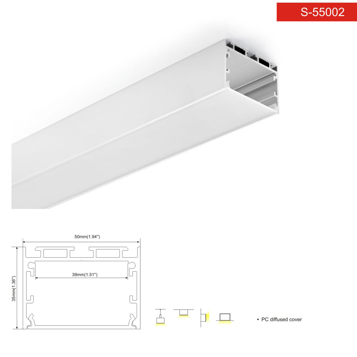 פרופיל תאורה אלומיניום חיצוני 50X35MM