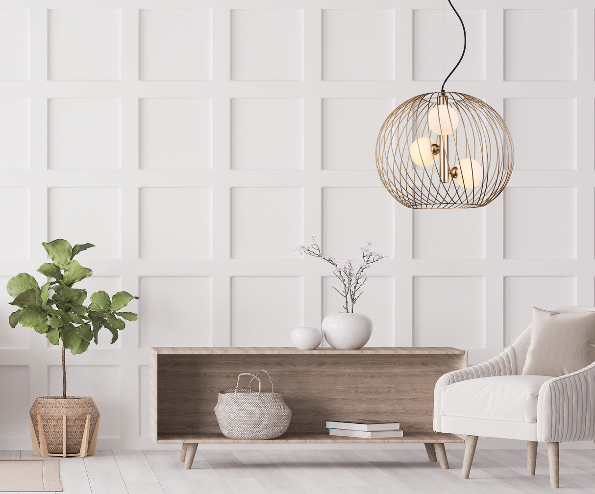 מנורת תליה ספיר זהב 3 כדורים לבן