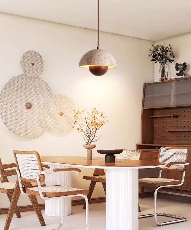 מנורת תלייה רוקה – אבן טרוונטין טבעית בשילוב עץ כהה| LED