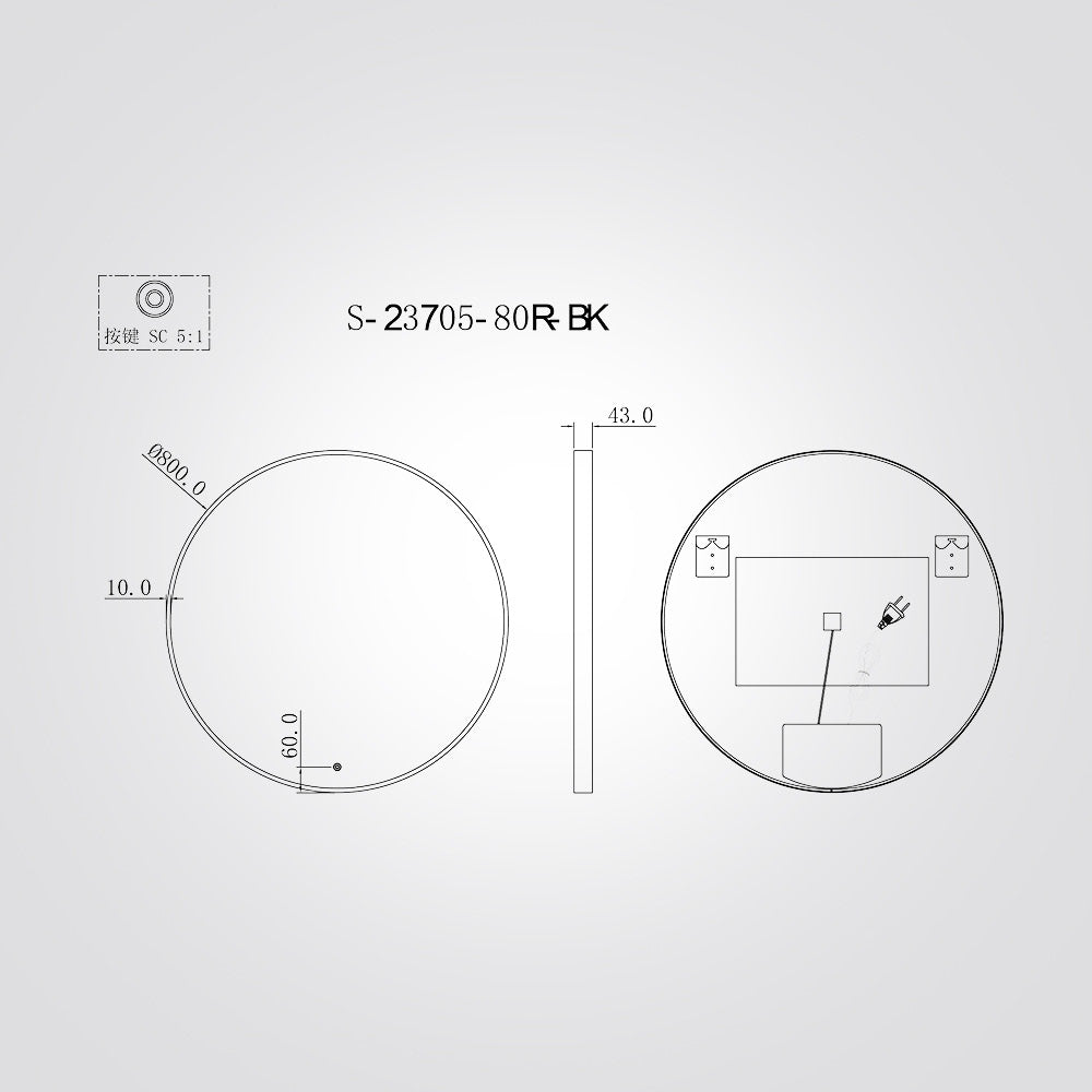 מראת LED עגולה 80 ס״מ עם מסגרת אלומיניום שחורה + מפשיר אדים (Anti-fog)