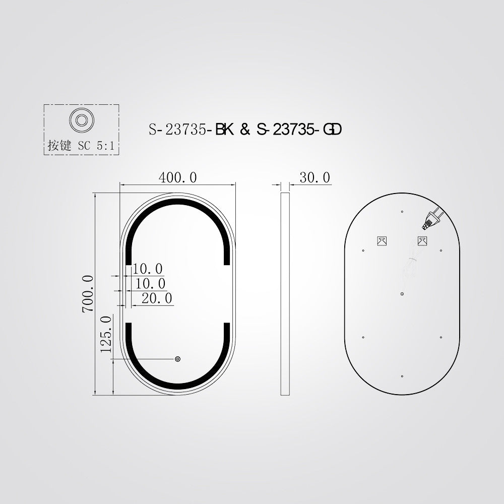 מראת LED אובלית 70×40 ס״מ עם מסגרת אלומיניום ומפשיר אדים – שחור / זהב