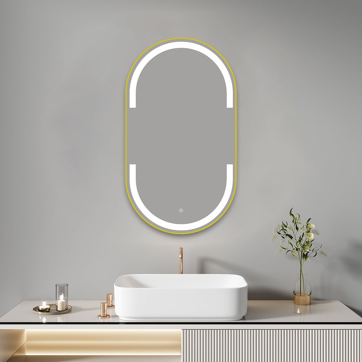 מראת LED אובלית 70×40 ס״מ עם מסגרת אלומיניום ומפשיר אדים – שחור / זהב