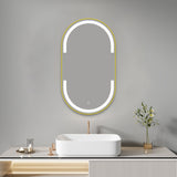 מראת LED אובלית 70×40 ס״מ עם מסגרת אלומיניום ומפשיר אדים – שחור / זהב