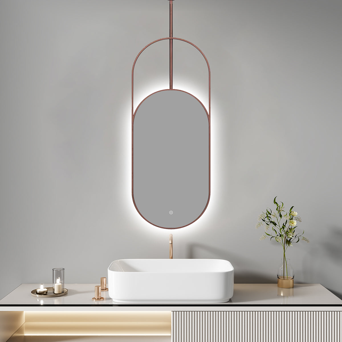 מראת LED אובלית 130×50 ס״מ עם מסגרת מתכת רוז־גולד ומוט תלייה+ מפשיר אדים