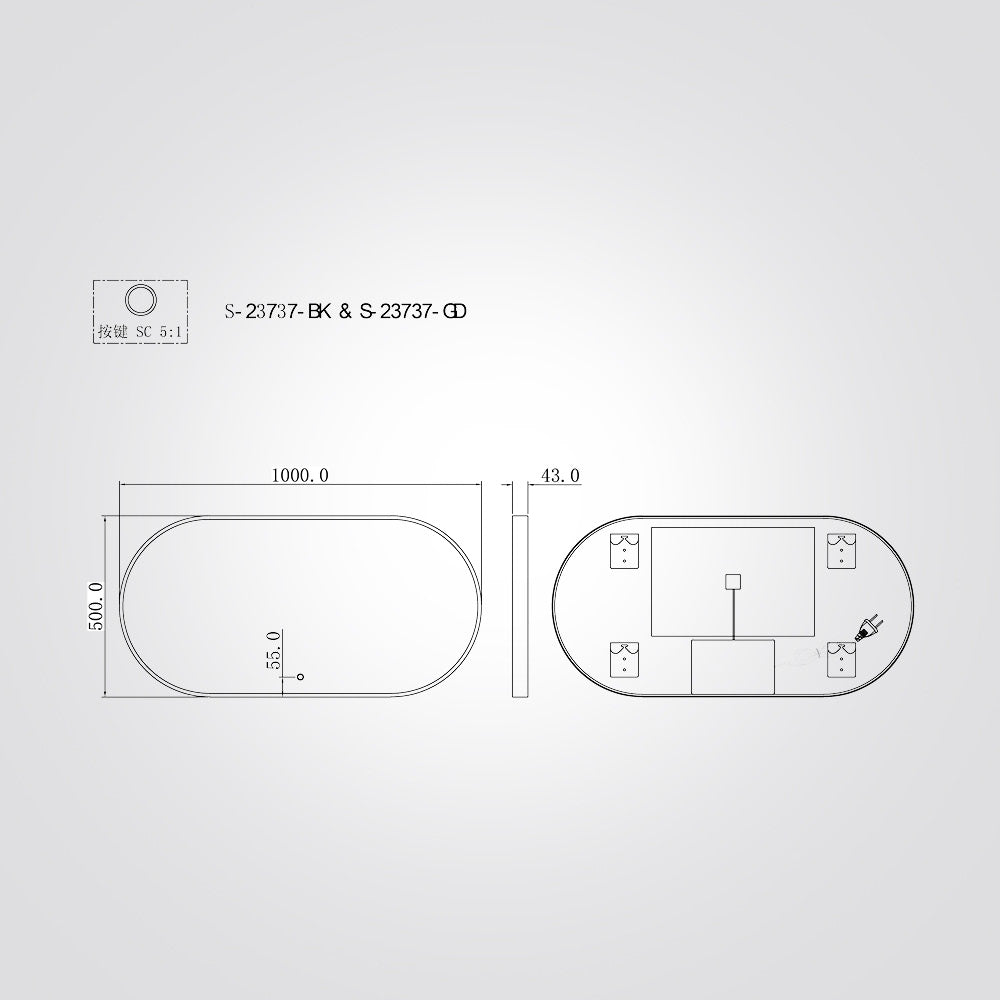 מראת LED מסגרת אלומיניום | ‎W1000×H500 מ"מ | עמעום + מפשיר אדים