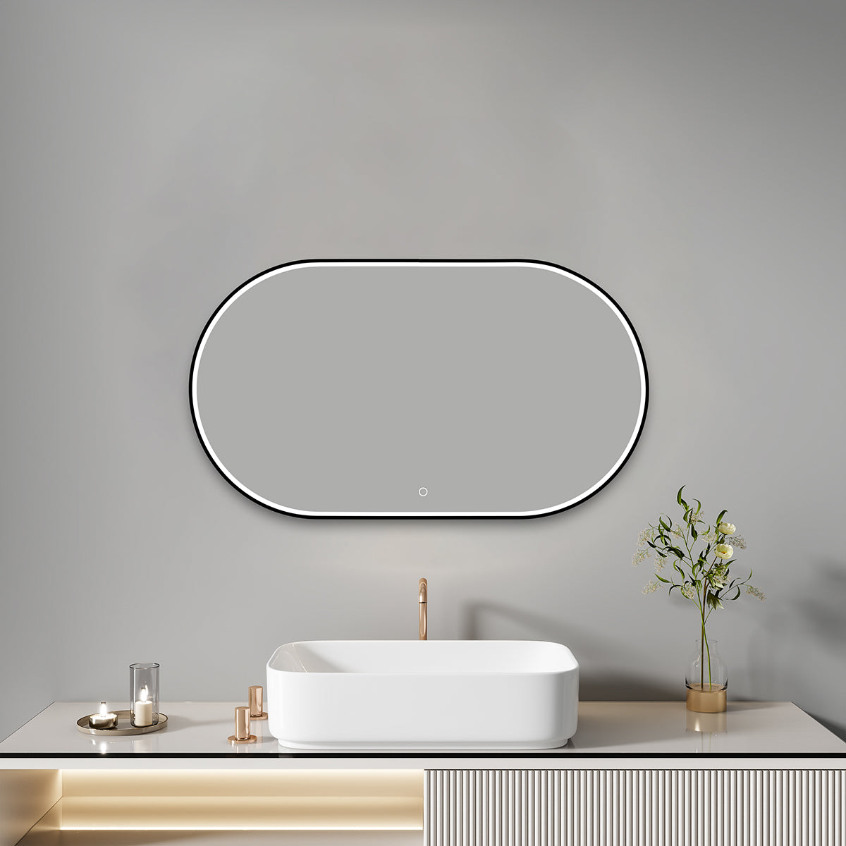 מראת LED מסגרת אלומיניום | ‎W1000×H500 מ"מ | עמעום + מפשיר אדים