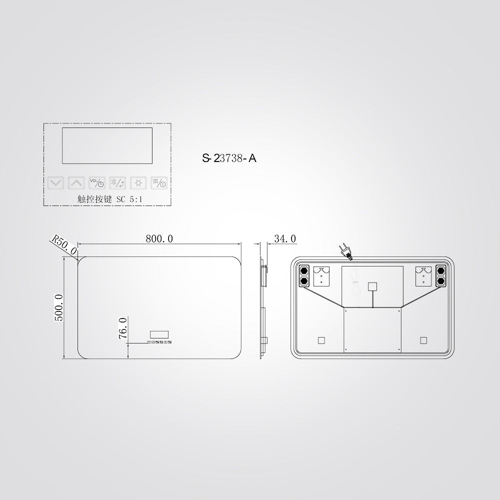 מראת LED מלבנית חכמה | ‎W800×H500 מ"מ | עמעום + מפשיר אדים + Bluetooth + שעון וטמפרטורה
